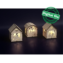 [0178052] DXF, SVG files for laser Christmas Tea light houses, Three designs, Candle holder, Snowman, Tree, Church, Material 1/8 inch (3.2 mm)