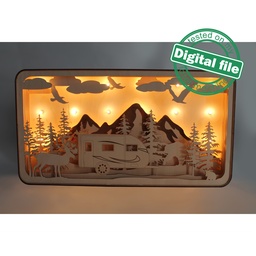 [00185912] DXF, SVG files for laser Shadow Box Travel Trailer, Deer, Bear, Forest, Mountain silhouette, Glowforge, Material thickness 1/8 inch (3.2 mm)