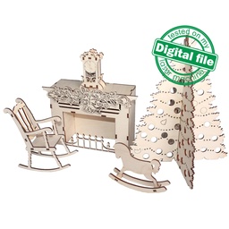 [00185077] DXF, SVG files for laser Doll House Miniature Fireplace, Christmas Tree, Chair, Rocking Horse, Mantel clock. Material 1/8 inch (3.2 mm)