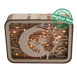 [00185608] DXF, SVG files for Light box Angel on the Moon, Nursery Decor, Multilayered Wood Sculptures, flexible plywood, Glowforge ready file