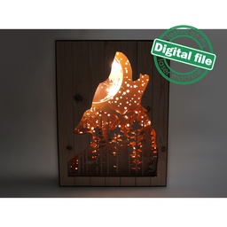[00186203] DXF, SVG files for 3D Laser Cut Large Wood Shadow Box, Multilayered Wood Sculptures, Forest, Howling Wolf, Glowing moon