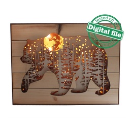 [00185607] DXF, SVG files for 3D Laser Cut Large Wood Shadow Box, Multilayered Wood Sculptures, Forest, Bear, Moon, Plywood/Wood/MDF 3mm