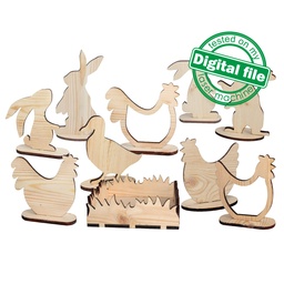 [00185453] DXF, SVG files for laser Big Bundle of 10 Easter Wood Decorations, Rooster, Chicken, Duck, Bunny Rabbit, mini Tray, Two material thickness