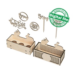 [0182123] DXF, SVG files for laser Easter box egg stand Bunny, rattan pattern, 2 different designs, for fruit, treats, bread, interchangeable panel