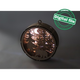[00186698] DXF, SVG files for laser Gift Box and Light-Up 3D Christmas Ornament, Multilayered Ornament pattern, Winter Forest, Bear, Moon