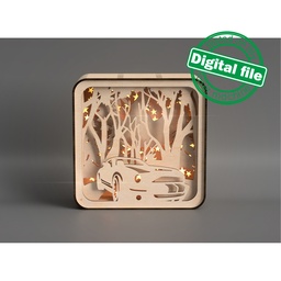 [00187716] DXF, SVG files for laser Light box Car in winter forest, Shadowbox, Vector project, Glowforge, Material thickness 1/8 inch (3.2 mm)