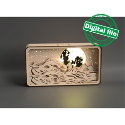 [00185918] DXF, SVG files for Light Box Raging waves, mountains, ocean, Engraved Moon, Glowing moon, flexible plywood, Glowforge ready file