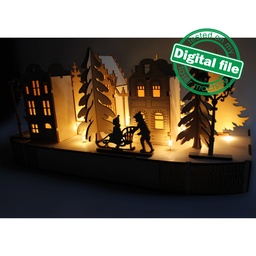 [00186920] DXF, SVG file for laser Woodland Winter Christmas Decoration, Light-up podium base, Scandinavian houses, trees, children sledding, lanterns