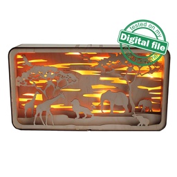[00185364] DXF, SVG files Light box Africa, Giraffe, elephant, lion, baobab, flexible plywood, Glowforge ready file, Material thickness 3.2 mm