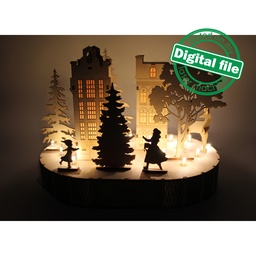 [00186914] DXF, SVG file for laser Woodland Winter Christmas Decoration, Light-up podium base, Woodland Winter Scene, Old Town, Trees, Deer, Houses