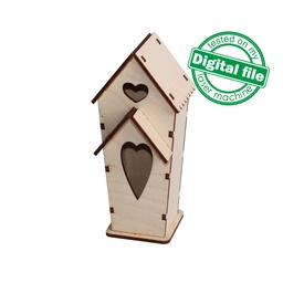 [00185664] DXF, SVG files for laser decorative Birdhouse with attic and heart, Vector project, Glowforge ready, Material thickness 1/8 inch (3.2 mm)
