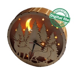 [00184774] DXF, SVG files for laser Light box Unique clock, Deers in winter forest, Glowforge, Material thickness 1/8 inch (3.2 mm)