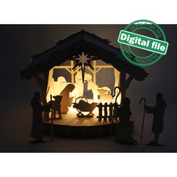 [00186946] DXF, SVG file for laser Christmas Nativity Scene Set with Led Lights, Baby Jesus, Deva Maria, Wise men, Bethlehem, Light-up podium base