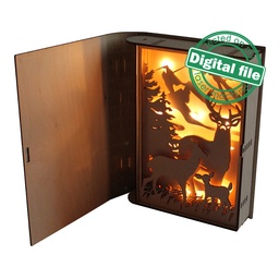 [00185081] Light box Book Deer family, Mountain silhouette, Vector projects for laser cutting, svg Files, Multilayered Sculptures, Christmas decor