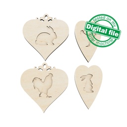 [00185455] DXF, SVG files for cutting Easter Wood Ornaments, Set of 4 hanging Heart, Rooster, Chicken, Bunny Rabbit, Material of any thickness