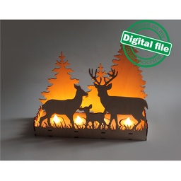 [00185046] DXF, SVG files for laser Сandle holder Deer family in Winter Forest, Christmas Decoration, Led lantern, Material 1/8 inch (3.2 mm)