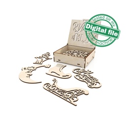 [00187705] DXF, SVG files for laser Set in the box Let it Snow, Gift box with 7 christmas tree ornament, Glowforge, Material 1/8 inch (3.2 mm)