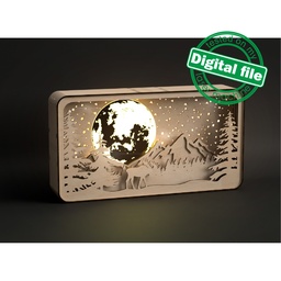 [00185415] DXF, SVG files for laser Shadow Box Moose in Forest, Mountains, Glowing Moon, flexible plywood, Glowforge, Material thickness 1/8'' (3.2 mm)