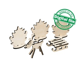 [0182101] DXF, SVG files for laser Tiny Reindeer with sleigh in Winter Forest, Christmas Decoration, Tiered Tray Decor, Material 1/8 inch (3.2 mm)