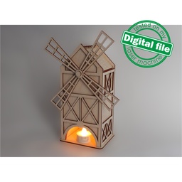 [00186880] DXF, SVG files for laser Light-up Wooden windmill, tea light candle holder, Christmas Nursery decor, Glowforge, Material 1/8'' (3.2 mm)