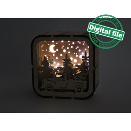 [00186935] DXF, SVG files for laser Tiny cute christmas Light box in the Gift Box, Retro Vintage truck, Glowforge, Material thickness 1/8 inch (3.2 mm)