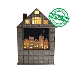[00186741] DXF, SVG files for laser 24 or 31 days of Christmas Advent calendar, night city silhouette, scandinavian houses, month, numbers, LED lantern