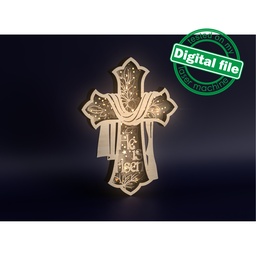 [00187824] DXF, SVG files for laser Light Cross He is risen, Flowers, holiday ribbon, Easter, spring decor, Glowforge, Layered Ornament pattern