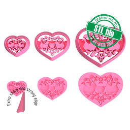 [7772609_A] Heart, Lovers doves, flowers, St valentine's,3 Sizes, Digital STL File For 3D Printing,Polymer Clay Cutter,Earrings,Cookie,sharp,strong edge