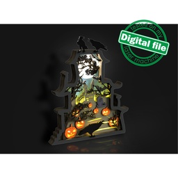 [7772670] DXF, SVG files for laser Light Halloween Decor, Haunted House, Pumpkins, Scary Trees, Graveyard, Old Castle, Crow, Glowing moon