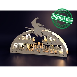 [7772681] DXF, SVG files for laser arched candle holder Halloween, table center decoration,witch on broomstick,graveyard,headstone,skulls,zombie hands