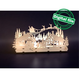 [7772743] DXF, SVG files for laser Сandle holder Winter village, Santa Claus with reindeer flying in a sleigh, enchanted forest, Christmas decoration
