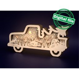 [7772746] DXF, SVG files for laser Light-UP Christmas retro Truck, Winter Village, Flying Reindeer, Santa Claus, Layered wooden light box, Shadow box