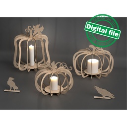 [7772750] DXF, SVG files for laser Wooden Pumpkin Lanterns, Fall Decoration, Harvest 3D Puzzle, 3 Different Design, Crows, Halloween, Thanksgiving Day