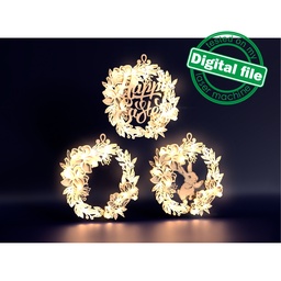 [7772771] DXF, SVG files for laser Flower Wreath, 3 Options, Rabbit, Happy Easter, Lilies, Rose Hips, Flowers, spring decor, Layered Ornament pattern